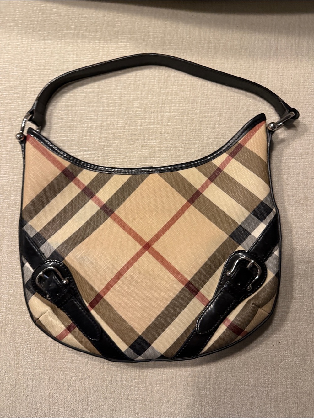 Burberry Beige Plaid Shoulder Bag with Black Trim